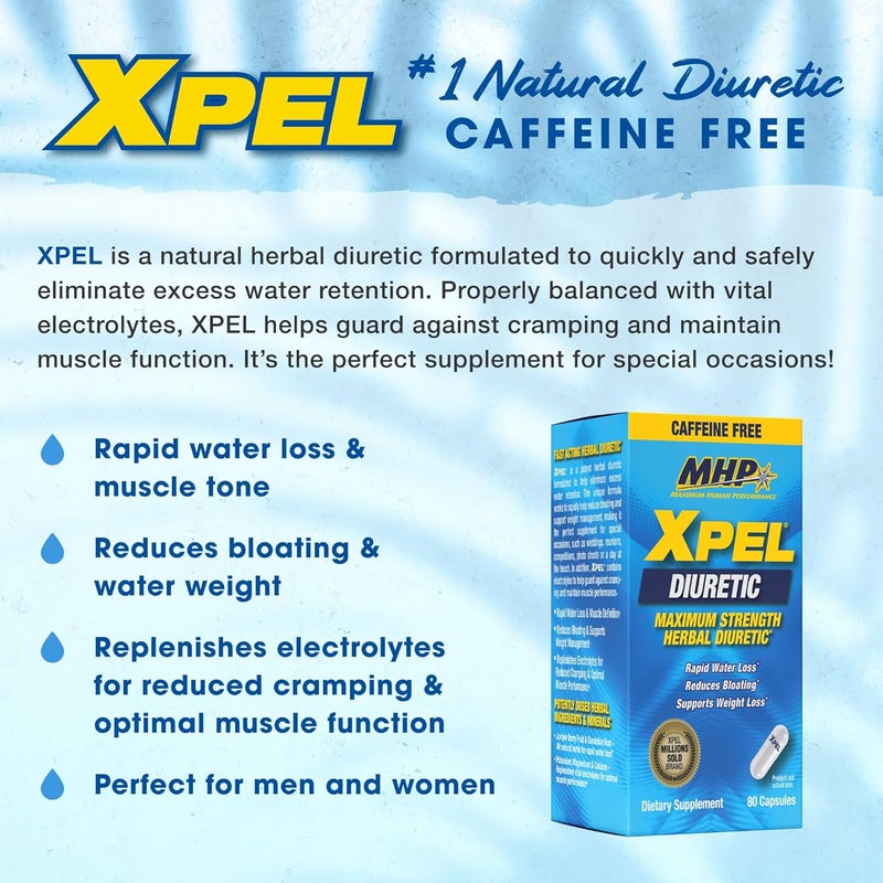 Maximum Human Performance MHP Xpel Maximum Strength Diuretic Water Pills, for Water Retention Relief, Caffeine-Free with Vitamin B-6 Potassium Dandelion Root, 80 Capsules - Image 3